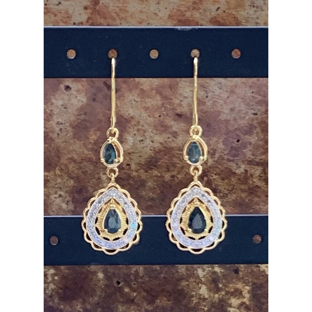 PAJ BR Gold Tone Sapphire and Cubic Zirconia Dangle Earrings
